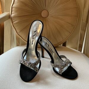 NINA Black Satin Rhinestone Slip on 4” Heels Size 7.5